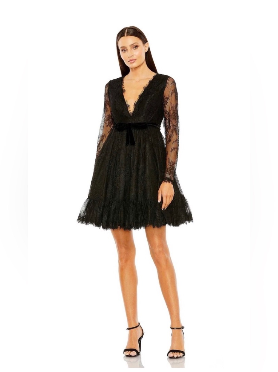 New Mac Duggal Black Lace V-Neck Mini Dress With Velvet Waist Tie